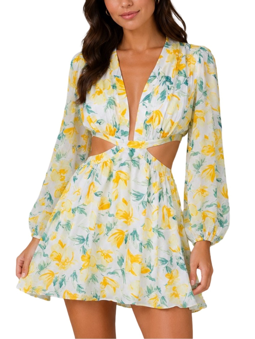 Sky to Moon Yellow Floral V-Neck Cut-Out Dress - Size Medium